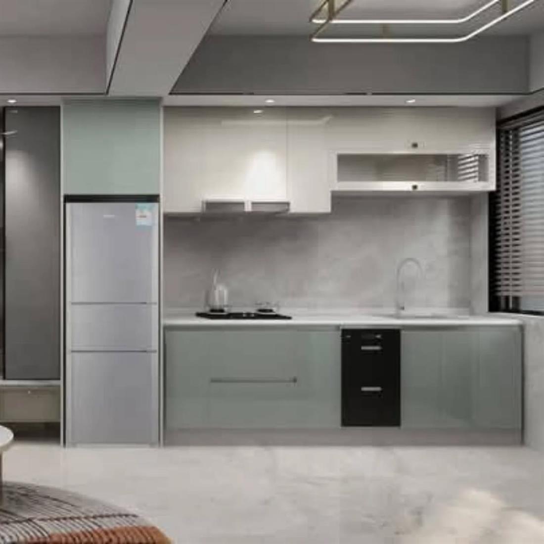 Show-unit render — fitted galley kitchen in a one-bedroom apartment.
