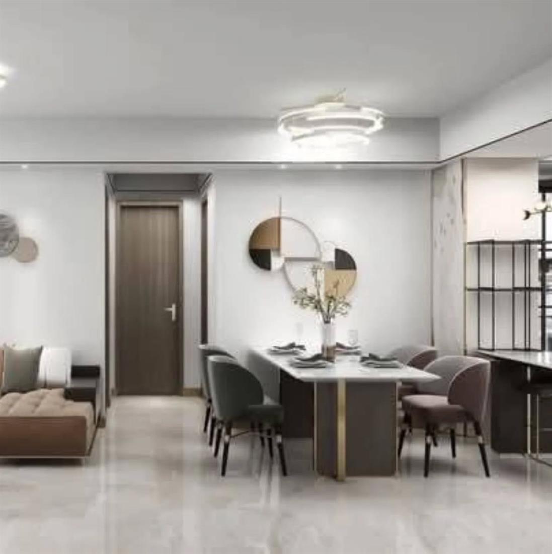 Show-unit render — dining area with city views through full-height glazing.
